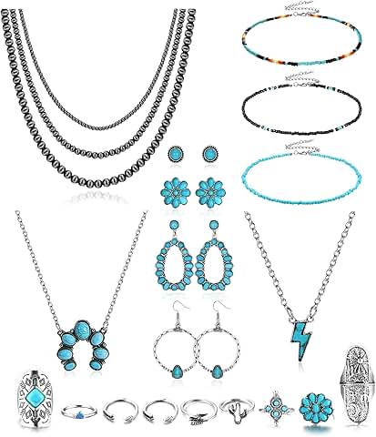 Turquoise Boho Jewelry Set with Necklace Earrings and Rings