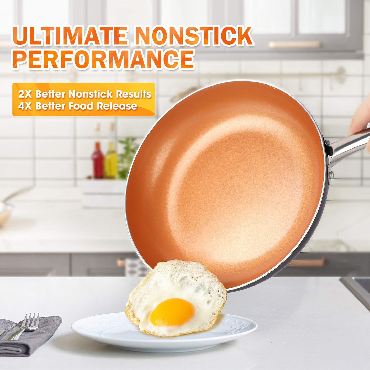 11 Inch Frying Pan with Lid, Copper Frying Pan with Ultra Nonstick Titanium Coating, Nonstick Copper Skillet 11 Inch, Copper Pans, Ceramic Frying Pans, Induction Compatible  11Inch