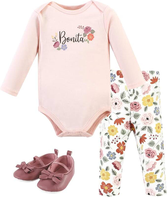 Baby Cotton Bodysuit, Pants, and Shoes Set