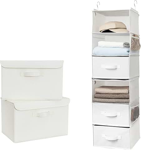 Bundle of 2 fabric storage bins and a hanging closet organizer