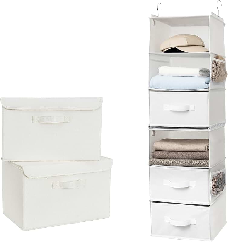 Bundle of 2 fabric storage bins and a hanging closet organizer