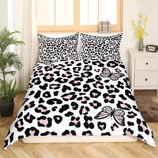 Leopard Print Duvet Cover,Butterfly Bedding Set Queen Size for Kids Boys Girls,Pink Cheetah Print Comforter Cover for Bedroom,Wild Animal Quilt Cover with 2 Pillow Shams Soft