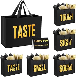 Medium black gift bag with labels and tissue paper