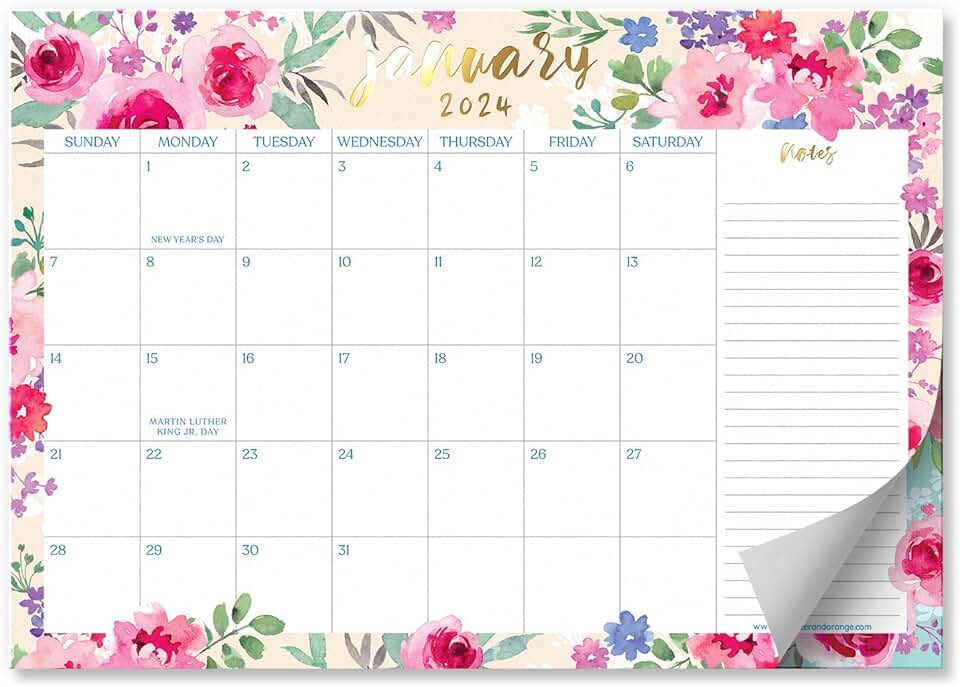 Large Watercolor Floral Desk Calendar 2024