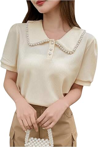 Women's Pearled Beaded Collared Short Sleeve Ribbed Knit Top