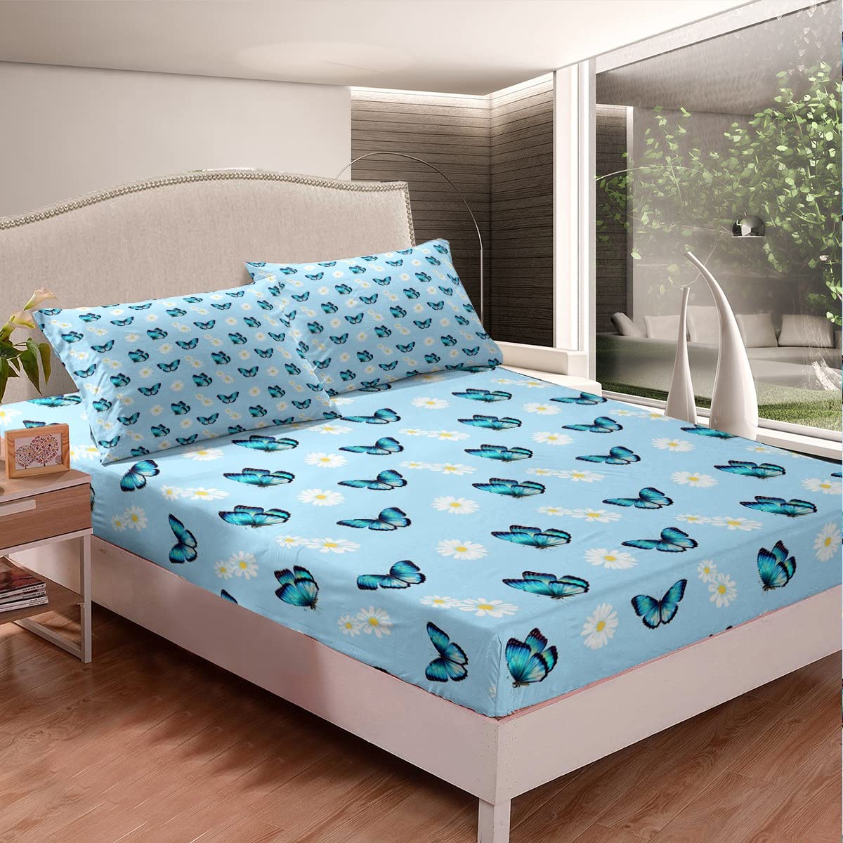 Butterfly Bed Sheets,Daisy Flower Bedding Set Full Size,Teal Blue Butterflies Bed Cover for Kids Boys Girls Teens Women Bedroom Decor,Gorgeous Floral Fitted Sheet