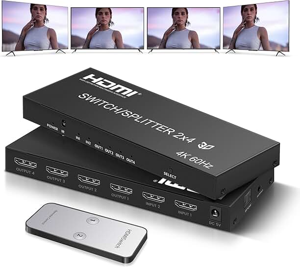 4K HDMI Switch Splitter 2 in 4 Out with Remote