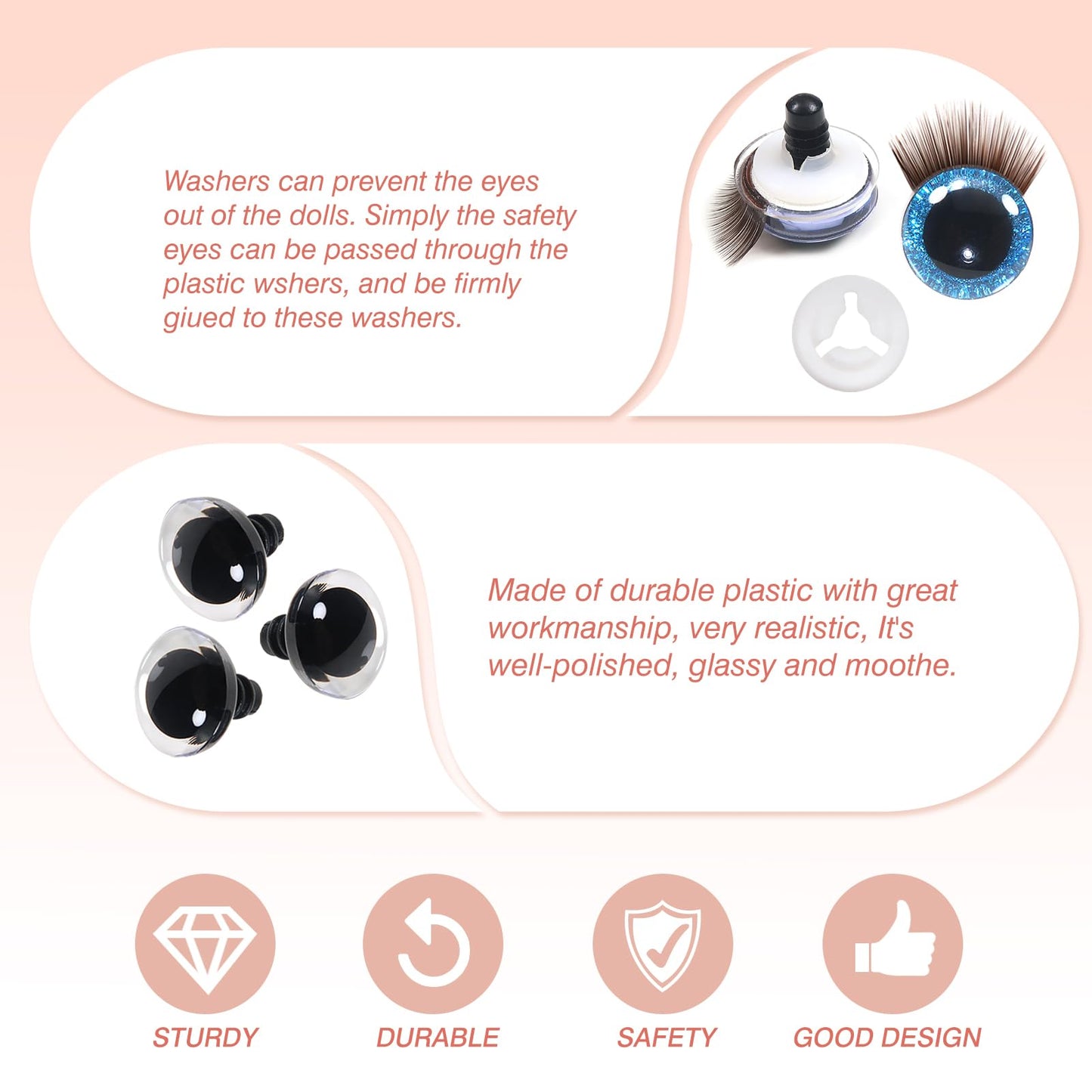 28pcs 12mm Plastic Safety Eyes with Brown Lashes and Glitter Paper Circles