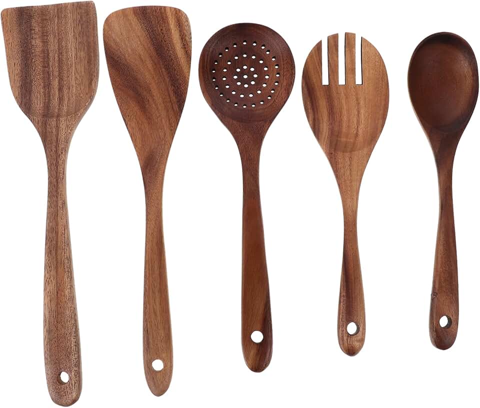 Wooden Cooking Utensils Set with Spatula Ladle and Salad Fork