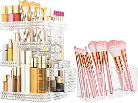 Set of 2 Clear Rotating Makeup Organizers with 6 Drawers