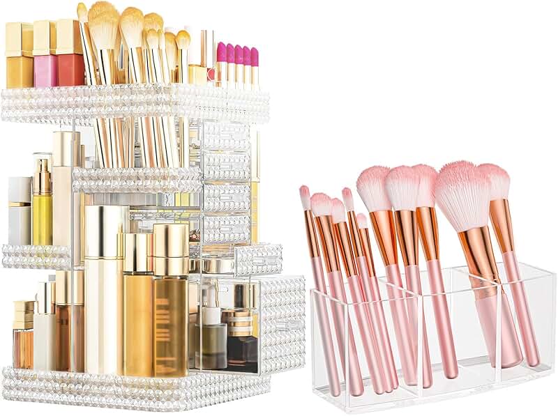 Set of 2 Clear Rotating Makeup Organizers with 6 Drawers