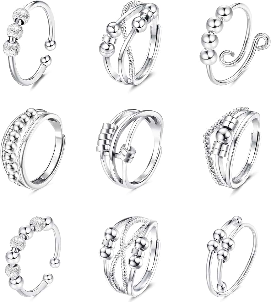 Set of 9 Anti-Anxiety Fidget Rings for Stress Relief