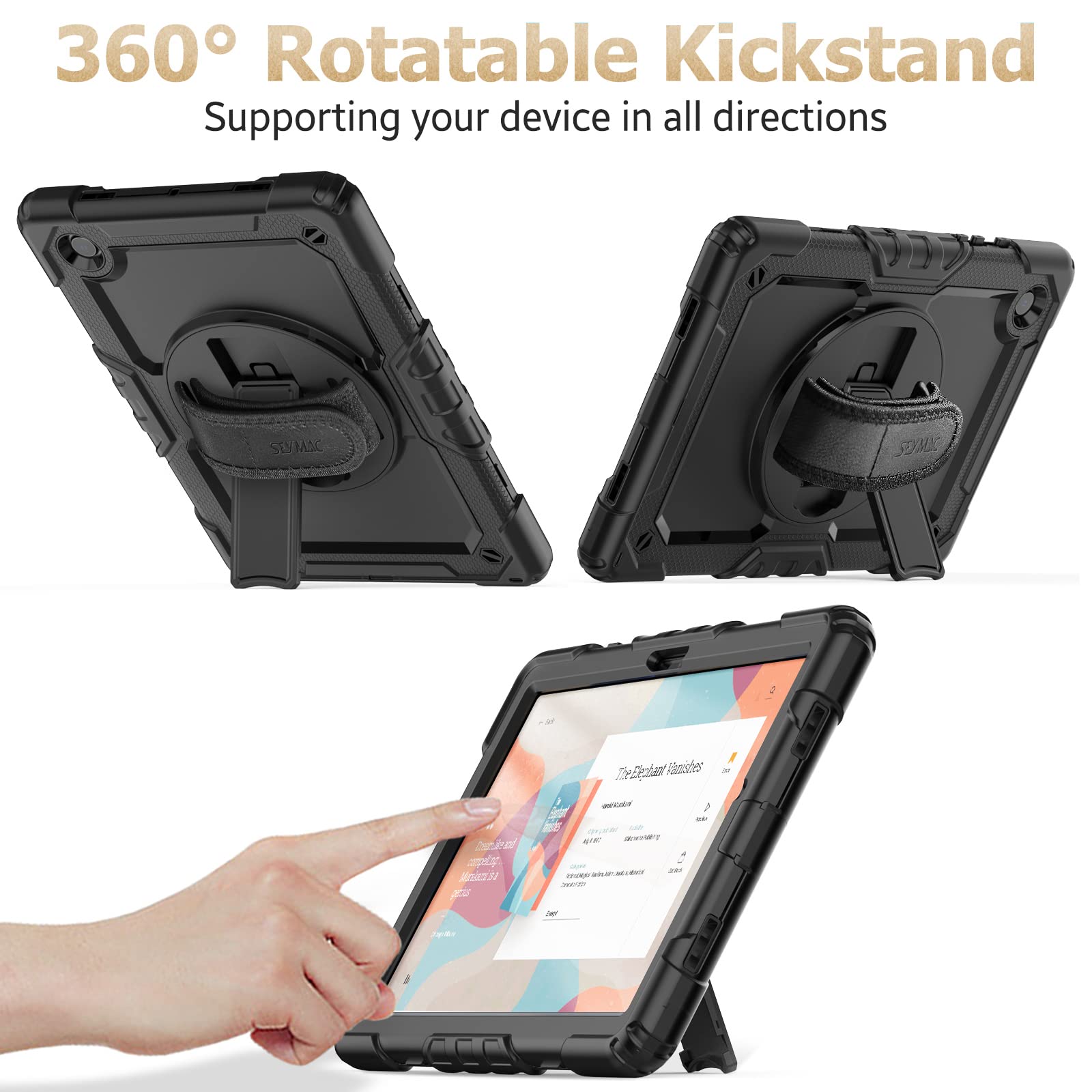 Case for Samsung Galaxy Tab A8 10.5'' 2022 with Screen Protector Pencil Holder [360 Rotating Hand Strap] &Stand, Drop-Proof Case for SM-X200/X205/X207 Galaxy Tab A8, Black