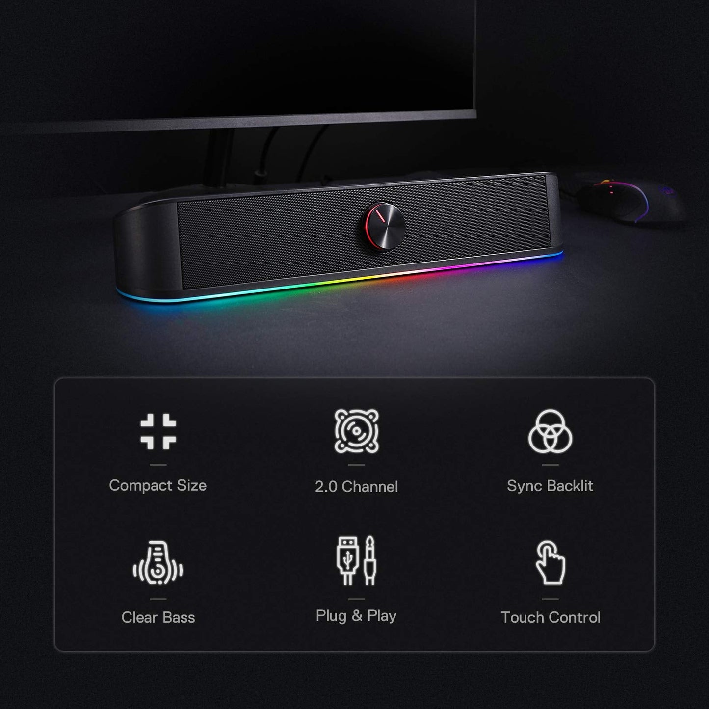 GS560 Adiemus RGB Desktop Soundbar, 2.0 Channel Computer Speaker with Dynamic Lighting Bar Audio-Light Sync/Display, Touch-Control Backlit with Volume Knob, USB Powered w/ 3.5mm Cable