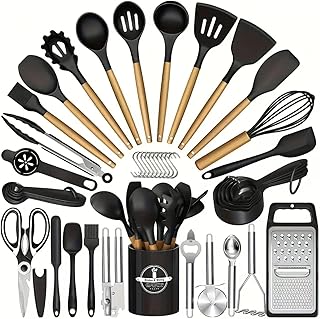 44-Piece Silicone Kitchen Utensils Set with Wooden Handles