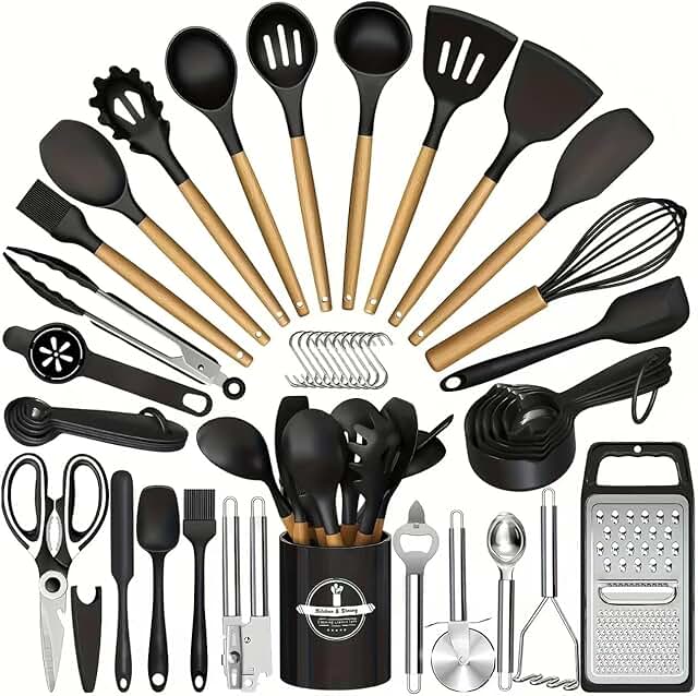 44-Piece Silicone Kitchen Utensils Set with Wooden Handles