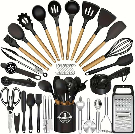 Silicone Utensil Set with Stoneware Crock, 5 Pieces