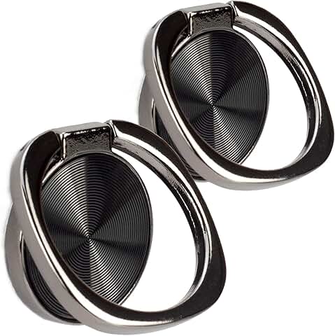 Two black rounded textured phone ring holders with 360° rotation