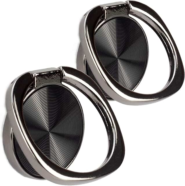 Two black rounded textured phone ring holders with 360° rotation