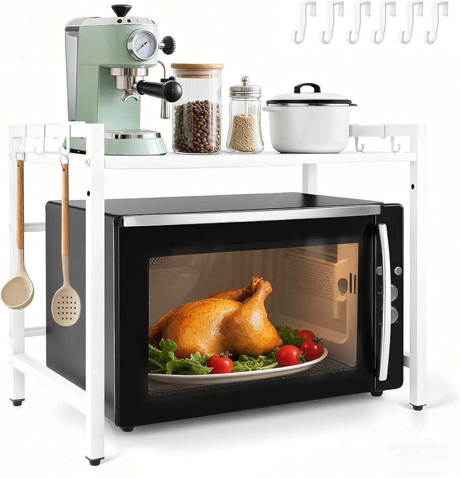 Adjustable Metal Microwave Stand with Hooks and Shelf