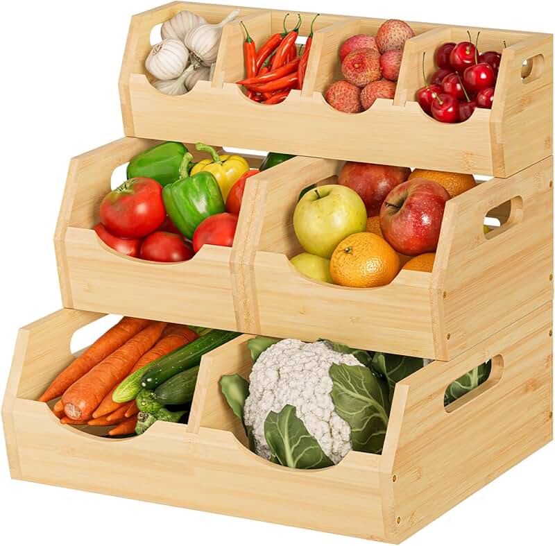 3-Tier Bamboo Pantry Storage Bins with Handles