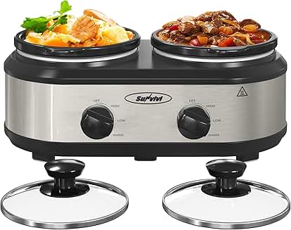 Dual Slow Cooker with 2 Ceramic Pots and Glass Lids