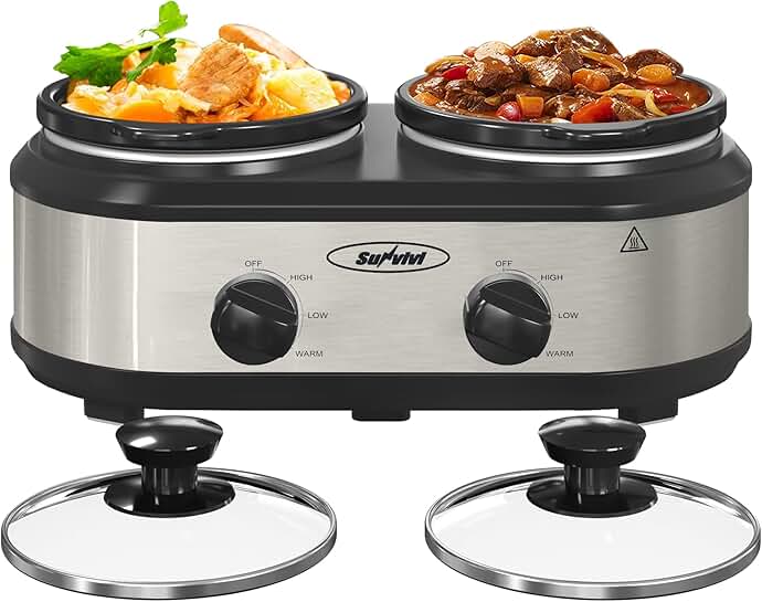Dual Slow Cooker with 2 Ceramic Pots and Glass Lids