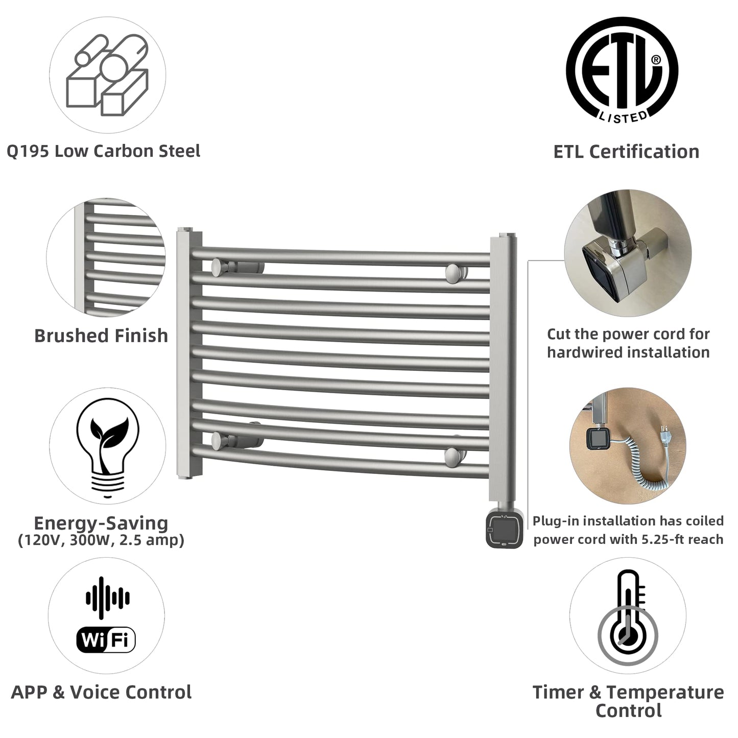 HEAT E Smart Towel Warmer with Timer and Temperature Control, Smart Liquid Filled Towel Rails, Plug-in/Hardwired Wall-Mounted Towel Heater Rack Compatible with and Google Home, Brushed