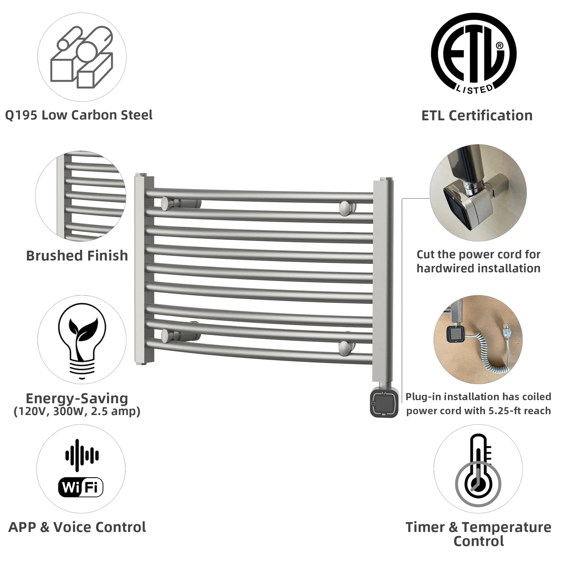 HEAT E Smart Towel Warmer with Timer and Temperature Control, Smart Liquid Filled Towel Rails, Plug-in/Hardwired Wall-Mounted Towel Heater Rack Compatible with and Google Home, Brushed