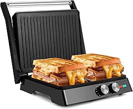Electric Panini Press with Adjustable Temp and Time