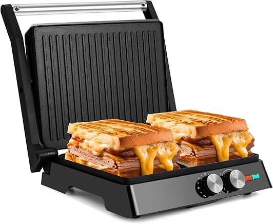 Electric Panini Press with Adjustable Temp and Time