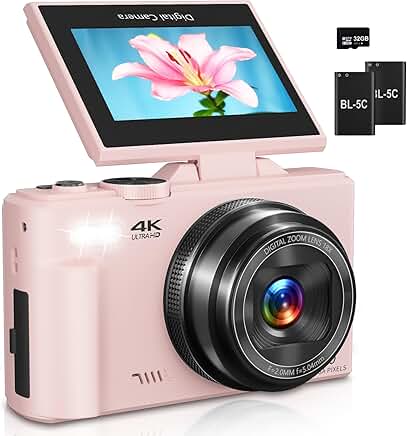 Pink 4K Vlogging Camera with Flip Screen and 18X Zoom