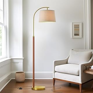 Tall 62.5-inch Gold Wood Floor Lamp with Foot Switch