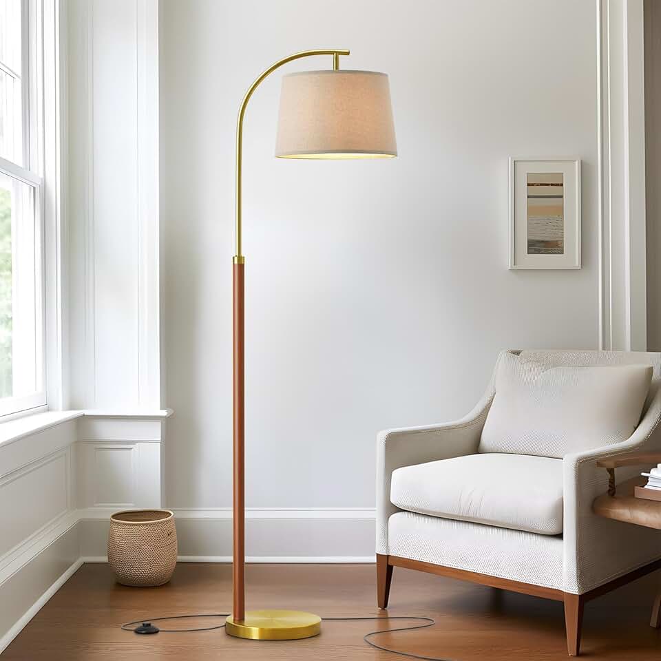 Tall 62.5-inch Gold Wood Floor Lamp with Foot Switch