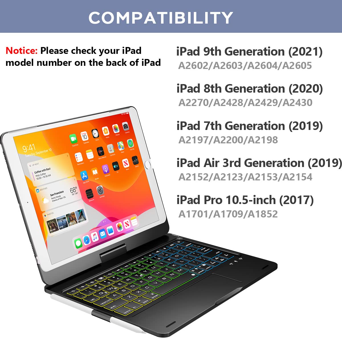 iPad 9th Generation Case with Keyboard 360 Rotatable Touchpad and 7 Color Backlight & Pencil Holder for iPad 9th/8th/7th Gen 10.2 inch & iPad Air 3rd Gen/iPad Pro 10.5 inch - Black