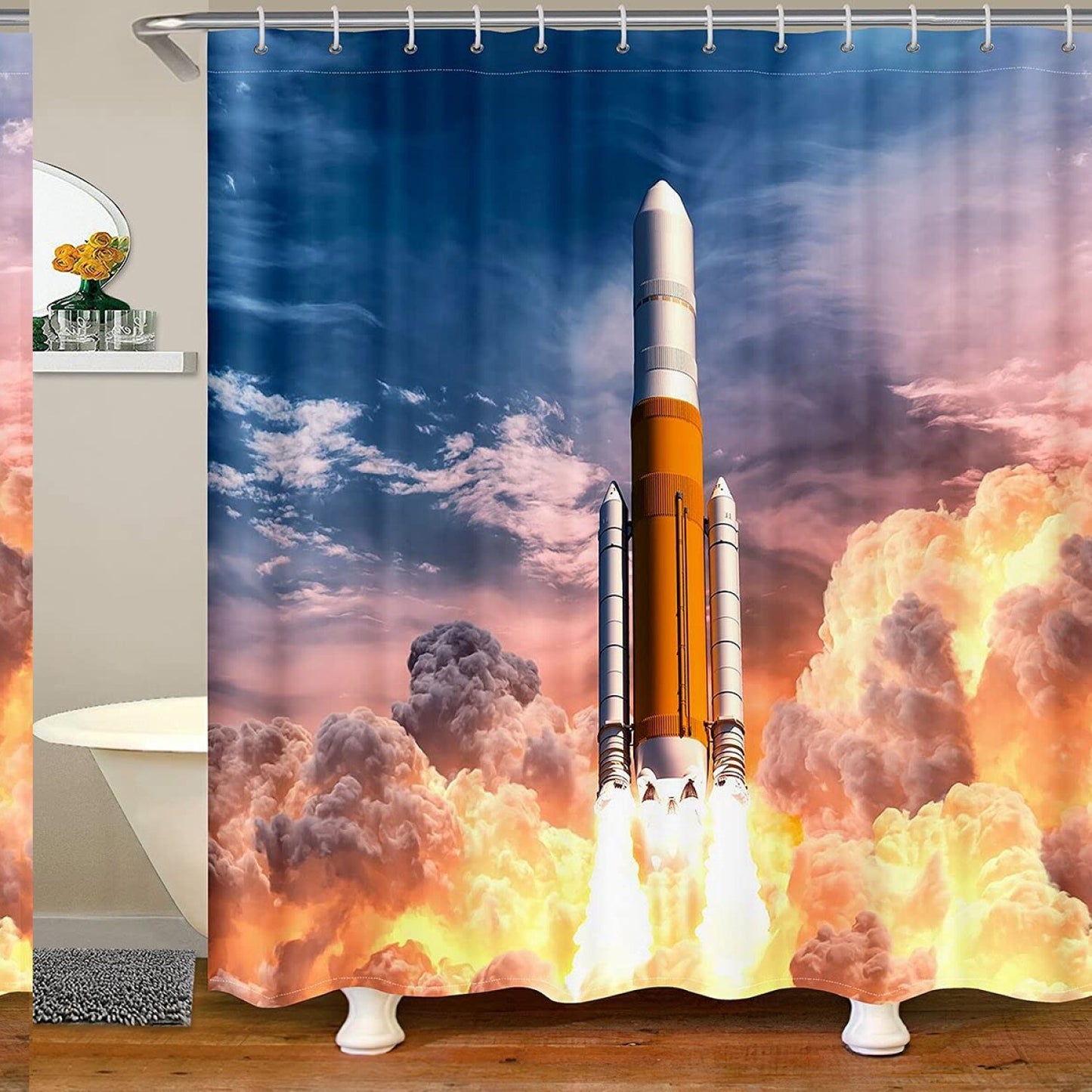 Space Rocket Waterproof Shower Curtain 72x72 Inch