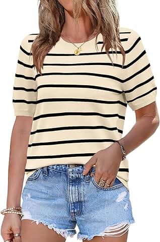 Women's Short Sleeve Striped Crewneck Sweater