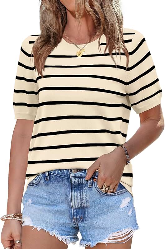 Women's Short Sleeve Striped Crewneck Sweater