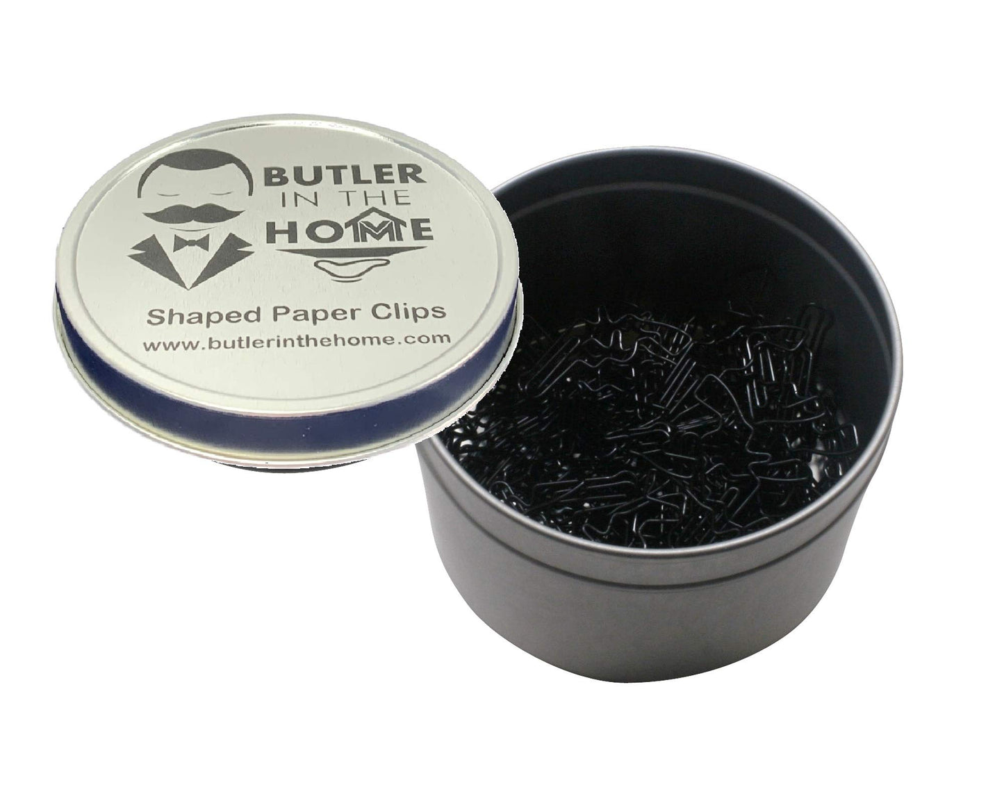 Gun-shaped paper clips in round tin, 100 count