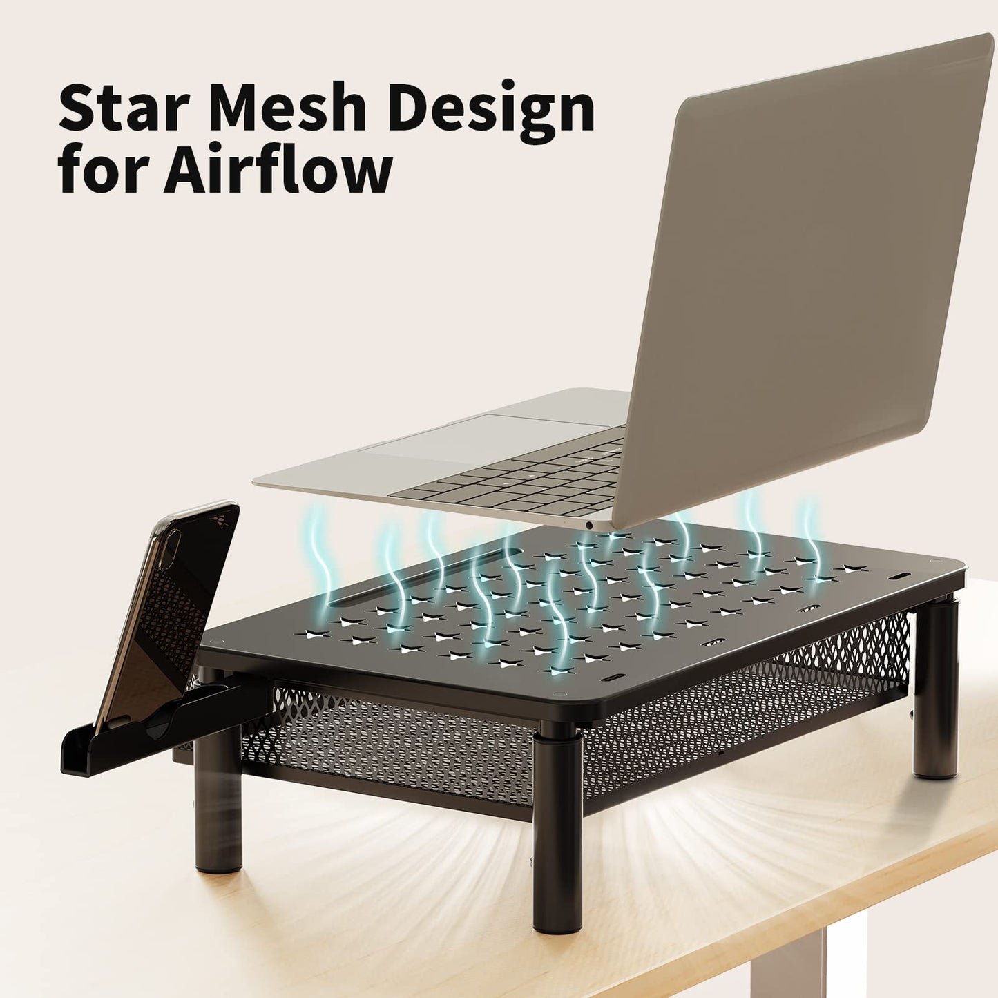 Monitor Stand Riser with Metal Mesh Drawer, Height Adjustable Monitor Riser with Phone Holder for Computer, Laptop, Printer, Notebook, Premium Metal Computer Monitor Stand with Storage