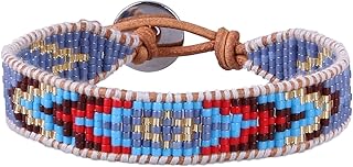 Handmade Blue Seed Bead and Leather Wrap Bracelet