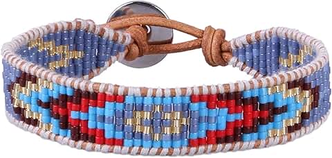 Handmade Blue Seed Bead and Leather Wrap Bracelet