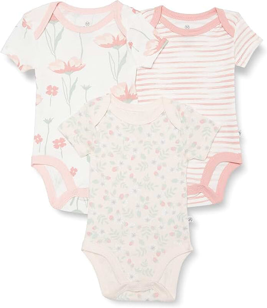 Three-pack of organic cotton baby bodysuits for infants