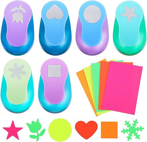 Set of 6 colorful craft hole punches with 10 sticker papers