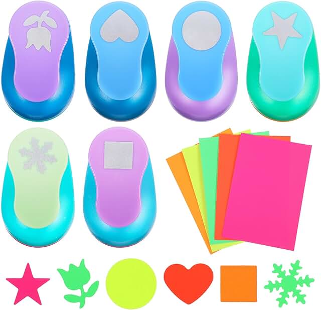 Set of 6 colorful craft hole punches with 10 sticker papers
