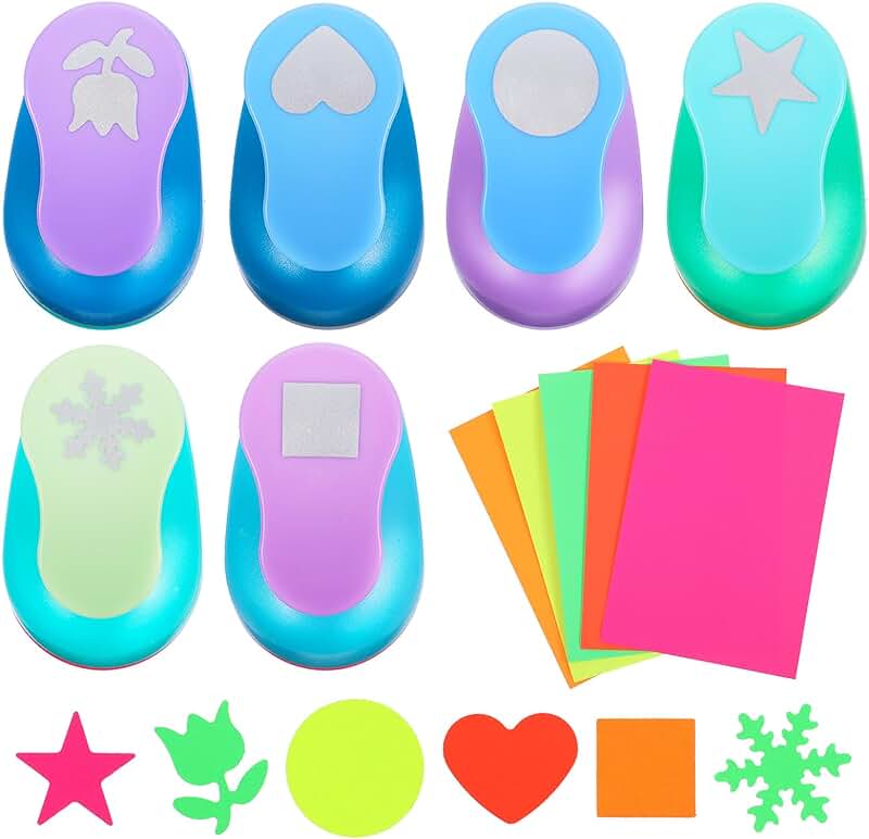 Set of 6 colorful craft hole punches with 10 sticker papers