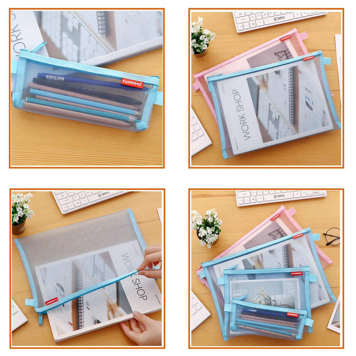 Set of five lightweight mesh zipper pouches for travel and office storage