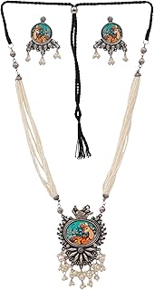 Antique Silver Pearl Multi-Layer Handpainted Ethnic Necklace
