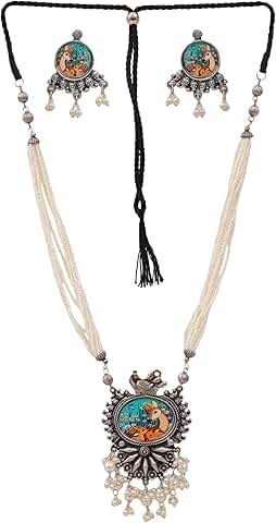 Antique Silver Pearl Multi-Layer Handpainted Ethnic Necklace