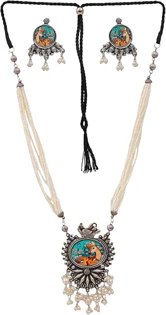 Antique Silver Pearl Multi-Layer Handpainted Ethnic Necklace